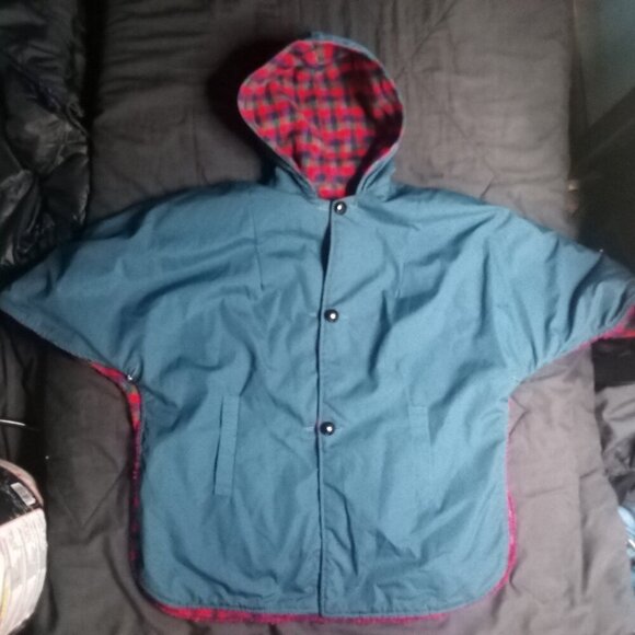 Vintage Pioneer Wear Reversible Sleeveless Poncho Jacket Hood Wool - Picture 2 of 8